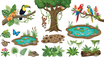 Cute cartoon jungle animals and tropical rainforest elements set featuring toucan parrots monkey and sloth for children educational graphic design project © AntarChandra