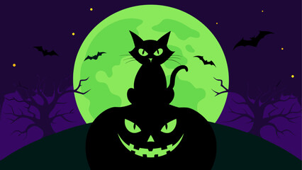 Black cat on green jack-o-lantern with full moon © Devili