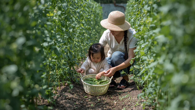 初夏の畑で豆を収穫する母親と子供の食育体験