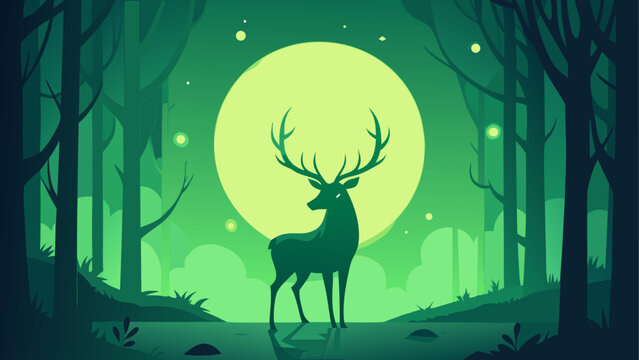 Deer silhouette in green forest with full moon