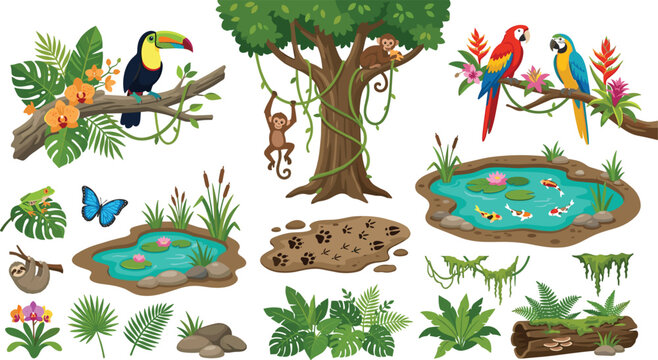 Cute cartoon jungle animals and tropical rainforest elements set featuring toucan parrots monkey and sloth for children educational graphic design project