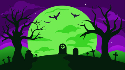 Halloween graveyard with full moon and bats © Devili