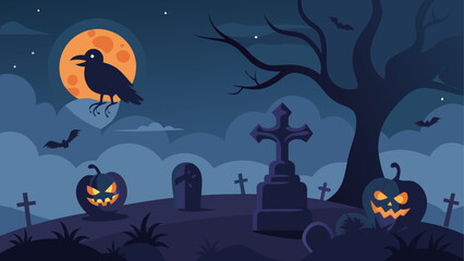 Halloween scene with jack o lanterns and crow © Devili