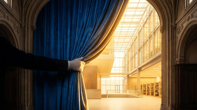Hand pulling back a blue velvet curtain to reveal a modern bright library