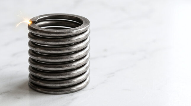 Heavy metal coil spring with a spark on a marble surface