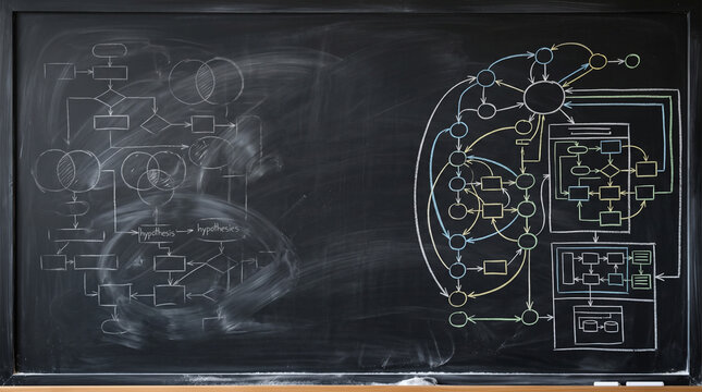 Chalkboard showing a transition from a messy erased flowchart to a complex organized system diagram