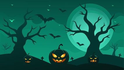Halloween background with spooky trees and jack o lanterns © Devili