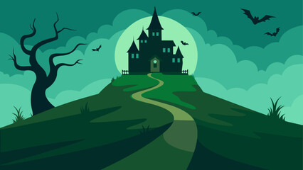 Spooky castle on a hill with full moon © Devili