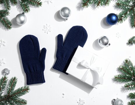 Blue Knitted Winter Mittens with Christmas Decorations, Silver Ornaments and Gift Boxes on White Background Flat Lay