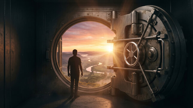 Man looking through a massive open vault door at a beautiful sunrise valley