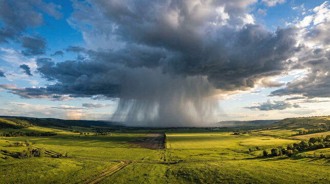 Dramatic storm cloud pouring heavy rain over a green countryside landscape