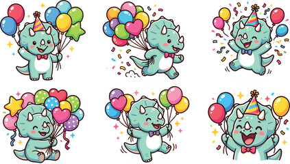 Cute cartoon triceratops dinosaur birthday collection with colorful party balloons confetti and hats for children invitation cards and greeting sticker design © AntarChandra