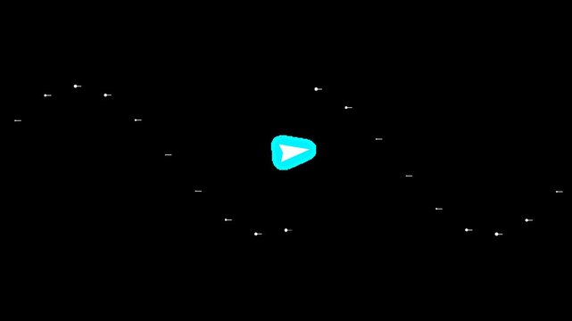 Glowing blue play button symbol pulsating on a dark black background with scattered dots