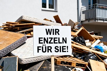 Fototapeta premium Pile of Discarded Furniture with German Sign