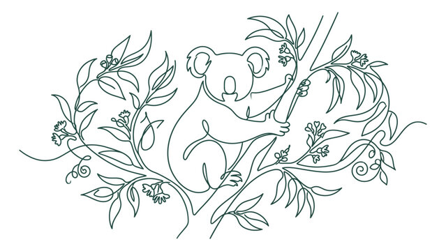 Continuous line art illustration of a cute koala sitting in a eucalyptus tree