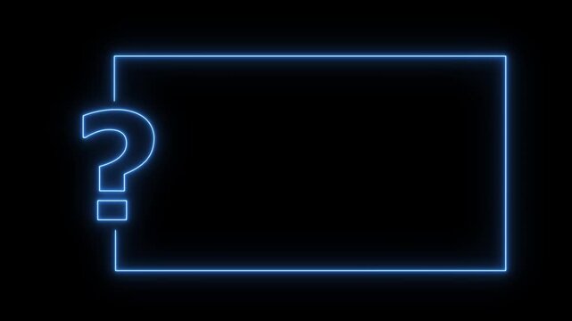 Question mark neon sign light on black background. Quiz trivia game competition. blue neon question mark frame for quizzes and FAQs. Game announcement neon message. Answer question, Examination test.