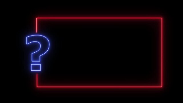 Question mark neon sign light on black background. Quiz trivia game competition. blue neon question mark frame for quizzes and FAQs. Game announcement neon message. Answer question, Examination test.
