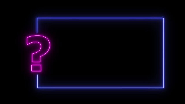 Question mark neon sign light on black background. Quiz trivia game competition. blue neon question mark frame for quizzes and FAQs. Game announcement neon message. Answer question, Examination test.