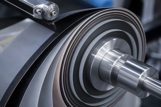Jelly roll winding mandrel with electrode and separator spiral layers for EV battery and BESS manufacturing &ndash; macro detail of wound core, cylindrical cell production, high-precision battery component,