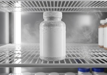 Obraz premium Blank White Plastic Medicine Bottle with Condensation in Cold Storage Refrigerator for Pharmaceutical Mockup