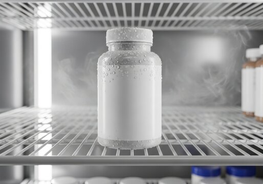 Blank White Plastic Medicine Bottle with Condensation in Cold Storage Refrigerator for Pharmaceutical Mockup