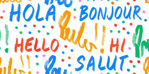 Colorful hand written greetings pattern with polka dots on white background © Gita