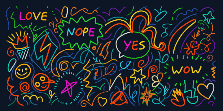 Colorful doodle pattern with handwritten words and abstract shapes
