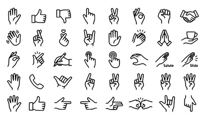 Fototapeta premium Monochrome Hand Gesture Line Art Icon Set with Human Communication and Sign Symbols Vector Collection
