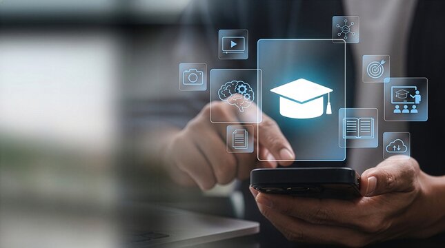 Mobile learning concept with interactive digital education interface featuring video, goals, multilingual support, and AI powered smart study for modern knowledge, e-learning