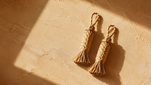 handwoven piassava cord loops on clay plaster with cinematic soft light and clean negative space for premium stock background