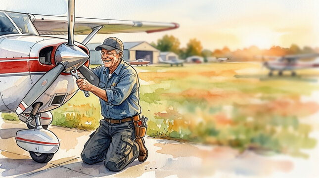 Experienced technician repairing an aircraft engine in a peaceful airfield during a beautiful sunset