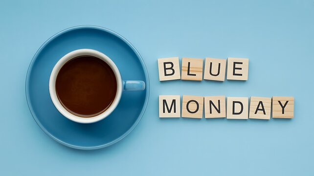 Blue Monday concept flat lay photo with coffee cup on saucer and wooden letter tiles spelling words on light blue background for social media blog content
