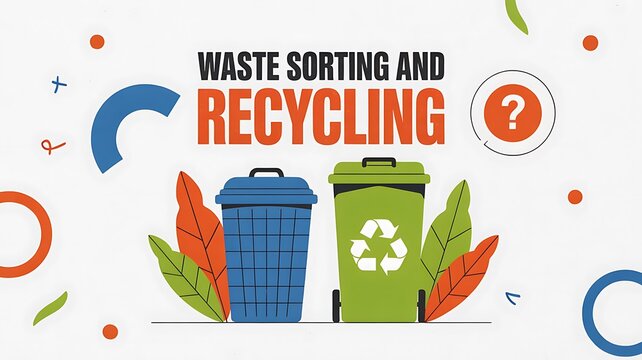 Recycling and waste sorting flat design vector illustration with trash bins banner for environmental education poster social media or infographic template in green, blue, and orange