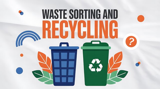 Waste Sorting and Recycling 2027 flat illustration banner with trash bins recycle symbol leaves for eco awareness poster commercial use