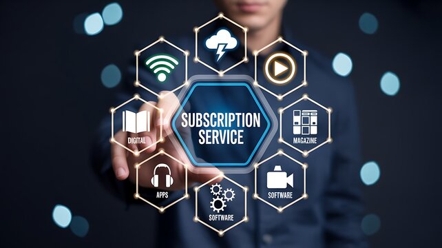 Subscription Service 2027 digital hexagon concept banner with software apps streaming cloud icons high-resolution commercial-use tech business