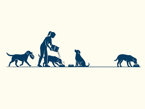 Woman feeding multiple dogs in a line feeding ritual, showcasing care and domestic companionship
