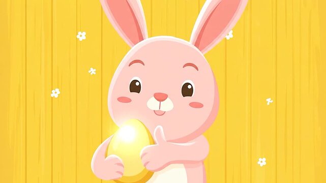 Cute pink cartoon rabbit holding a golden egg and giving a thumbs-up gesture.