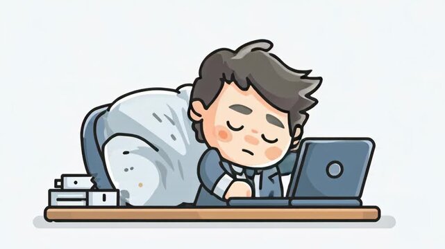 Exhausted businessman sleeping at his office desk in a cartoon style