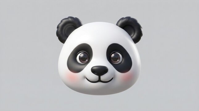 Cute 3D panda face emoji with big glossy eyes and pink cheeks on light gray background, symbol of innocence, joy, and friendliness