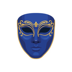 Detailed blue venetian masquerade mask with ornate golden filigree and fleur de lis symbol for theatrical performances and formal costume parties © BlackVault Designs