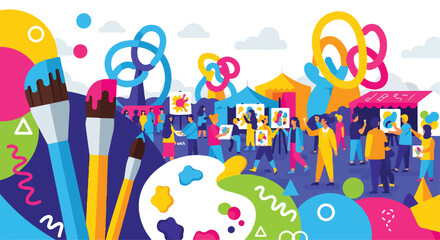 A vibrant art festival scene with people painting © Davida