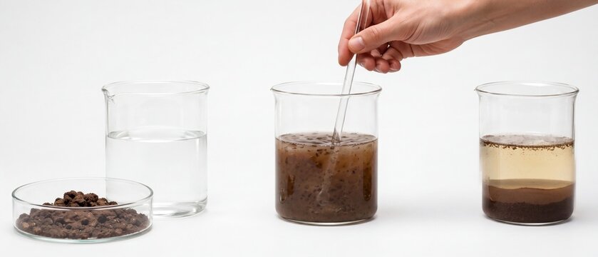 Laboratory Soil Sedimentation Test with Glass Beakers and Stirring Rod