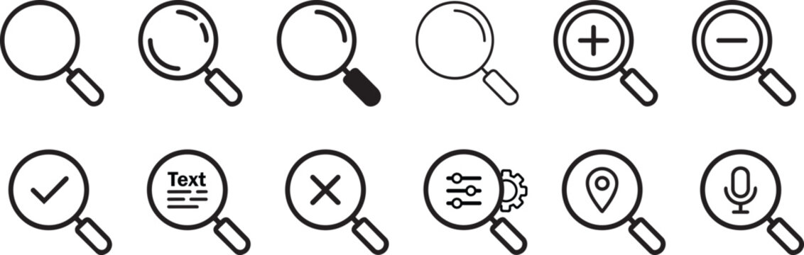 Magnifying Glass Icon Set &ndash; Search, Zoom, and Navigation Vector Line Icons