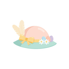 Fototapeta premium Pastel easter bonnet hat decorated with feathers and spring flowers and colorful eggs for holiday celebration and festive springtime fashion accessory