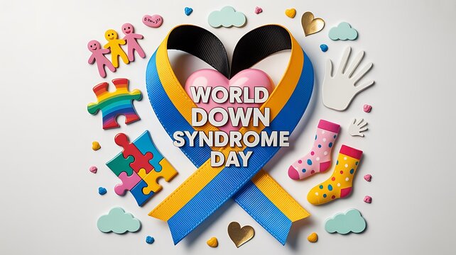 World Down Syndrome Day awareness ribbon illustration template with colorful socks puzzle pieces, hearts, and inclusion symbols for social media poster banner design