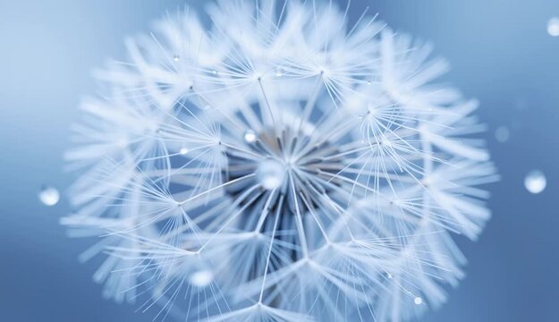 Close up of a dandelion seed head with water droplets