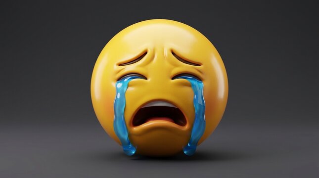 3D crying emoji with streaming blue tears and anguished expression on dark background, symbol of sadness, grief, and emotional distress