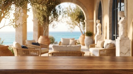 Naklejka premium Empty Wooden Table Top on Luxury Mediterranean Terrace with Sea View for Product Mockup Display and Presentation.