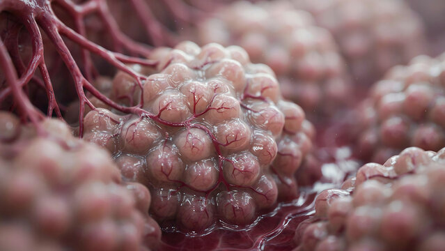 A detailed view of a cluster of pinkish red biological cells or vesicles with visible blood vessels and shiny surfaces in a medical or scientific context