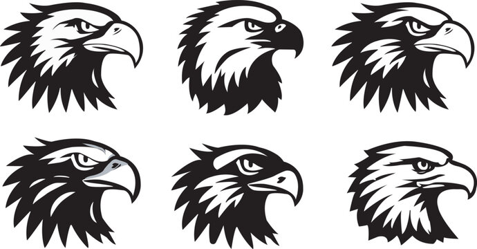 Majestic eagle head silhouette vector icon set, bundle of six minimalist black and white stencil tattoo designs of wild hawk or falcon face profiles isolated on white.
